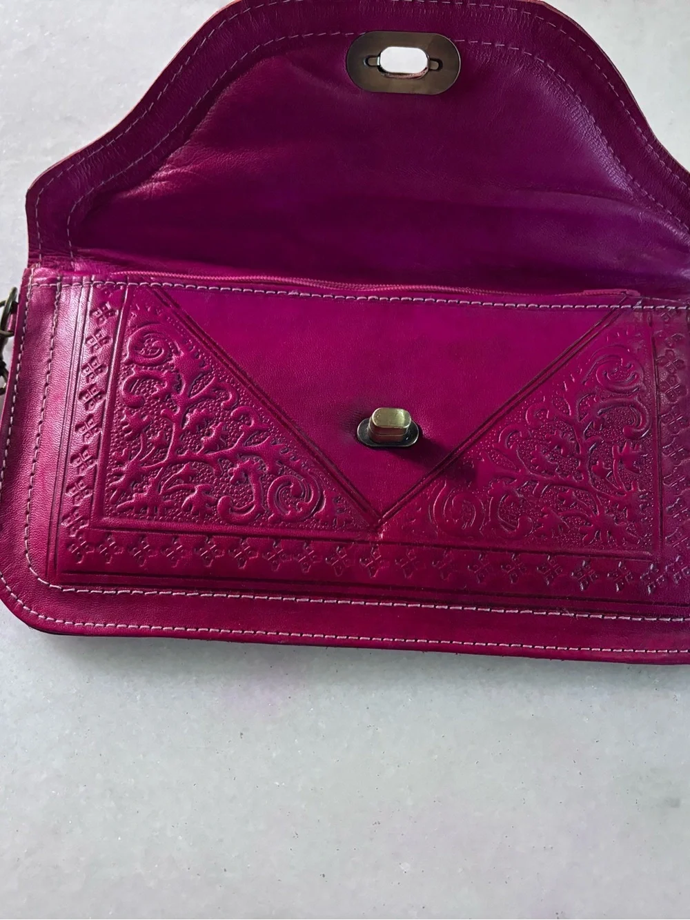 Authentic Moroccan Hand-Tooled Leather Clutch Wallet | Magenta Wristlet